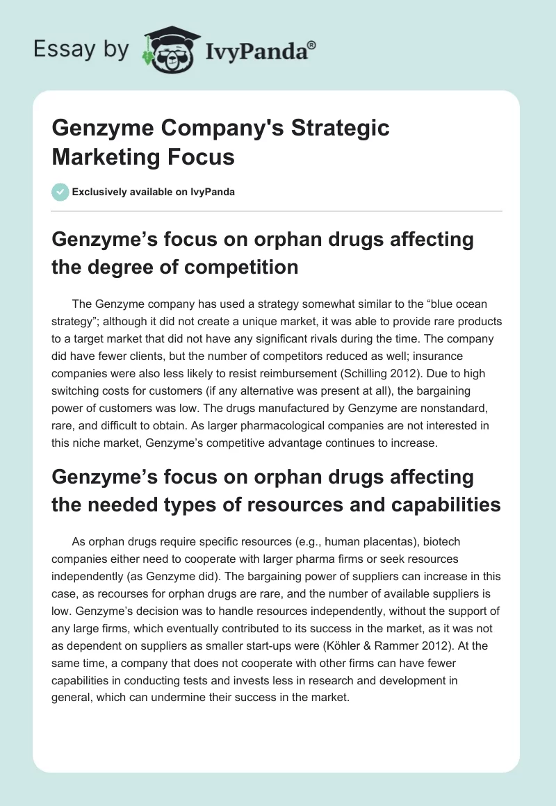 Genzyme Company's Strategic Marketing Focus. Page 1