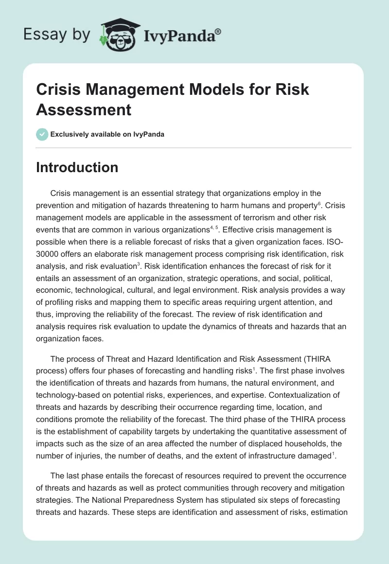 Crisis Management Models for Risk Assessment. Page 1