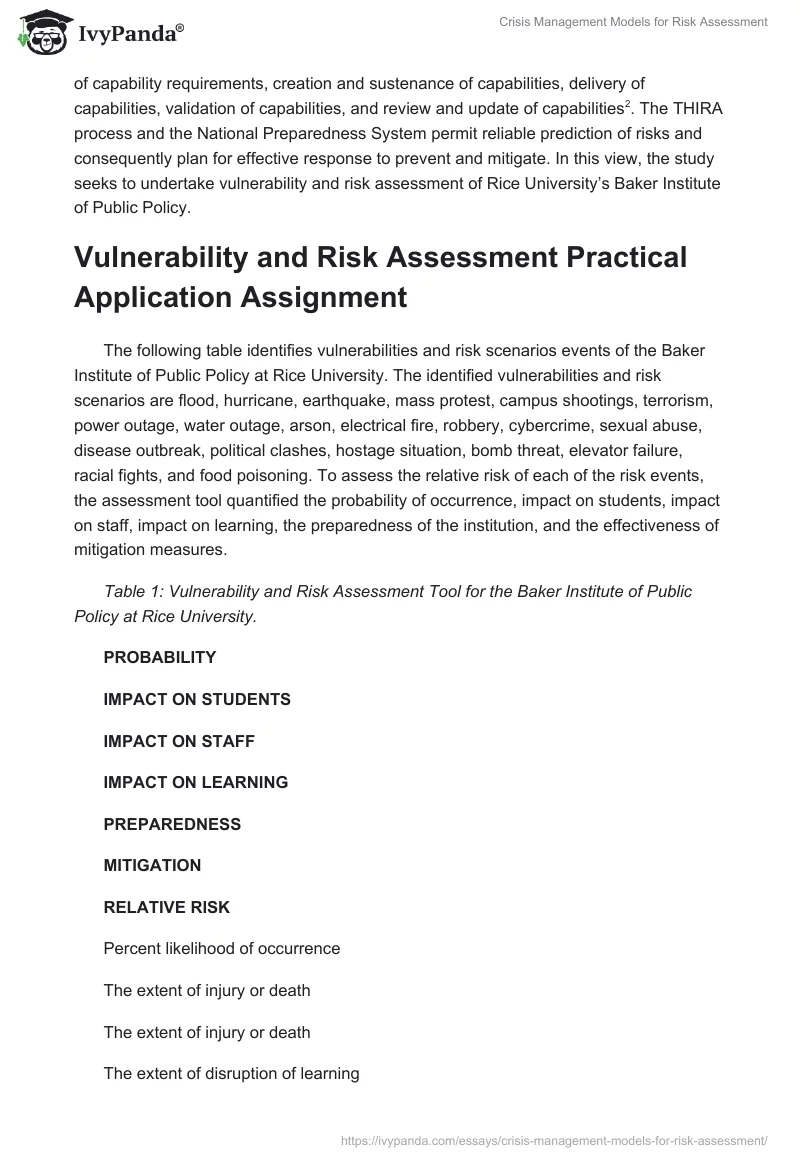 Crisis Management Models for Risk Assessment. Page 2