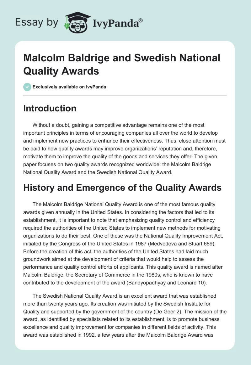 Malcolm Baldrige and Swedish National Quality Awards. Page 1