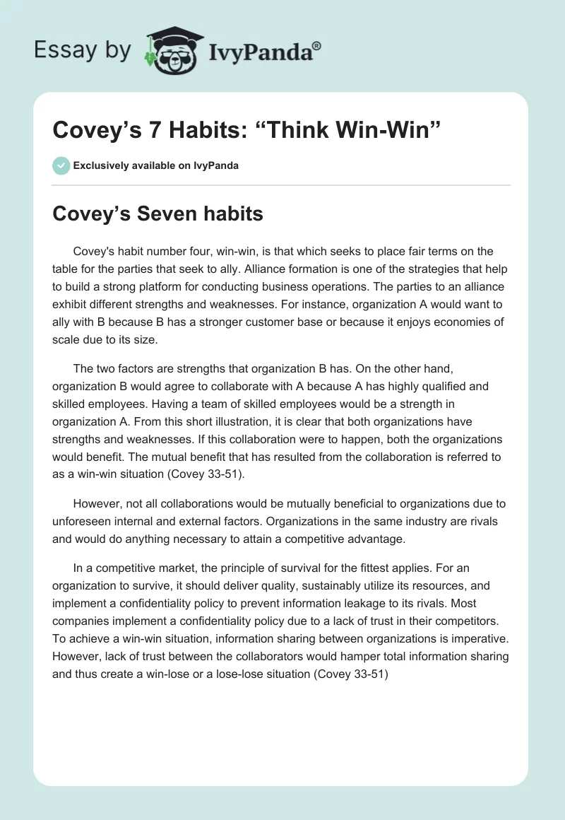 Covey’s 7 Habits: “Think Win-Win”. Page 1