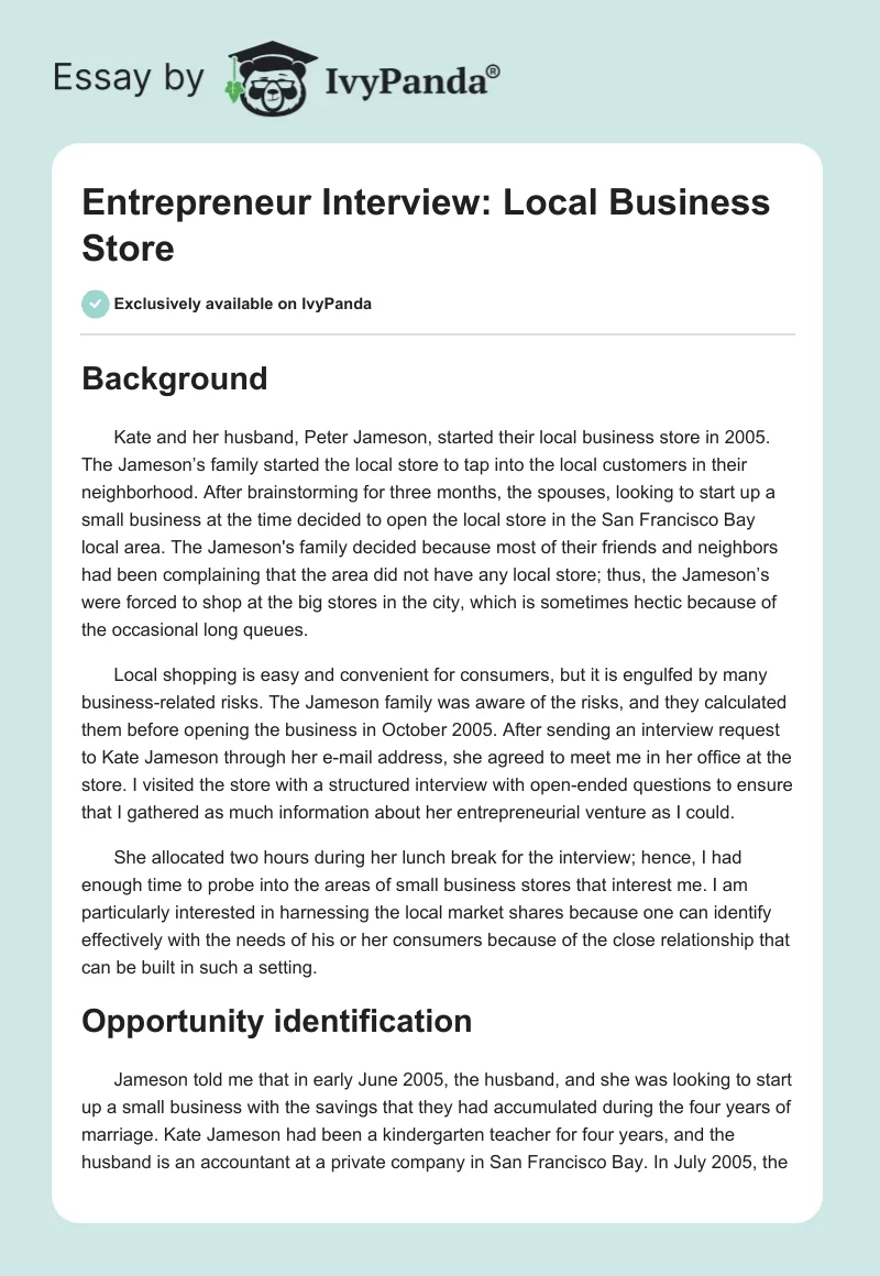 Entrepreneur Interview: Local Business Store. Page 1