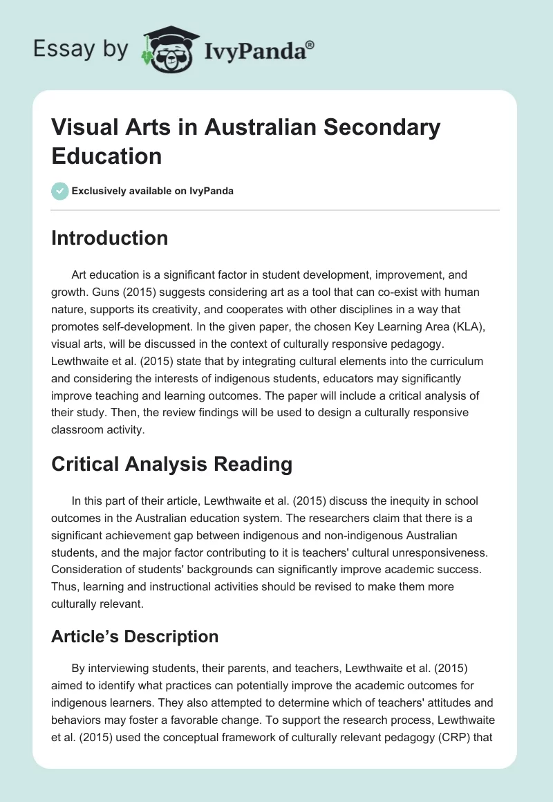 Visual Arts in Australian Secondary Education. Page 1