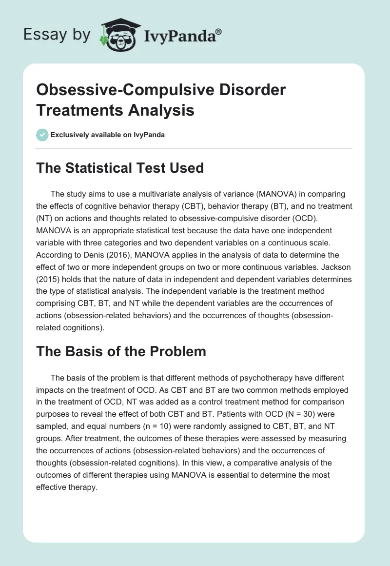 Obsessive-Compulsive Disorder Treatments Analysis. Page 1