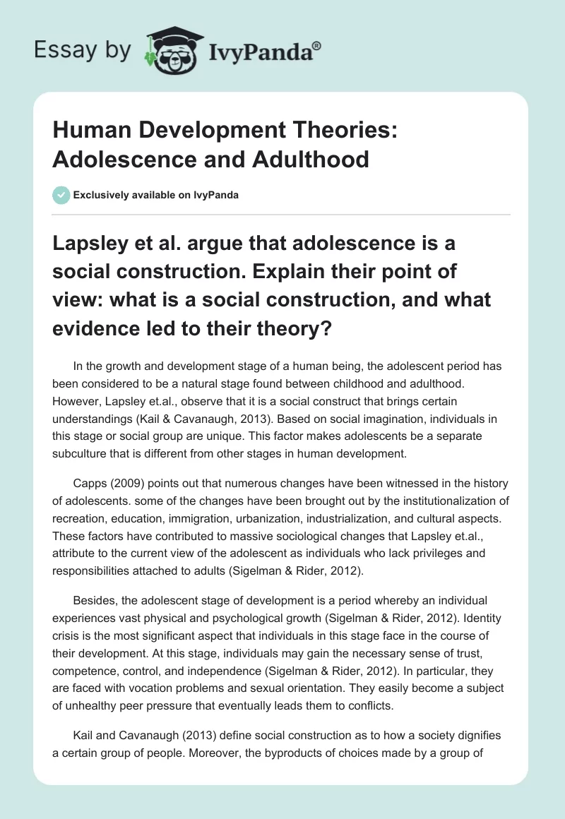 Human Development Theories: Adolescence and Adulthood. Page 1
