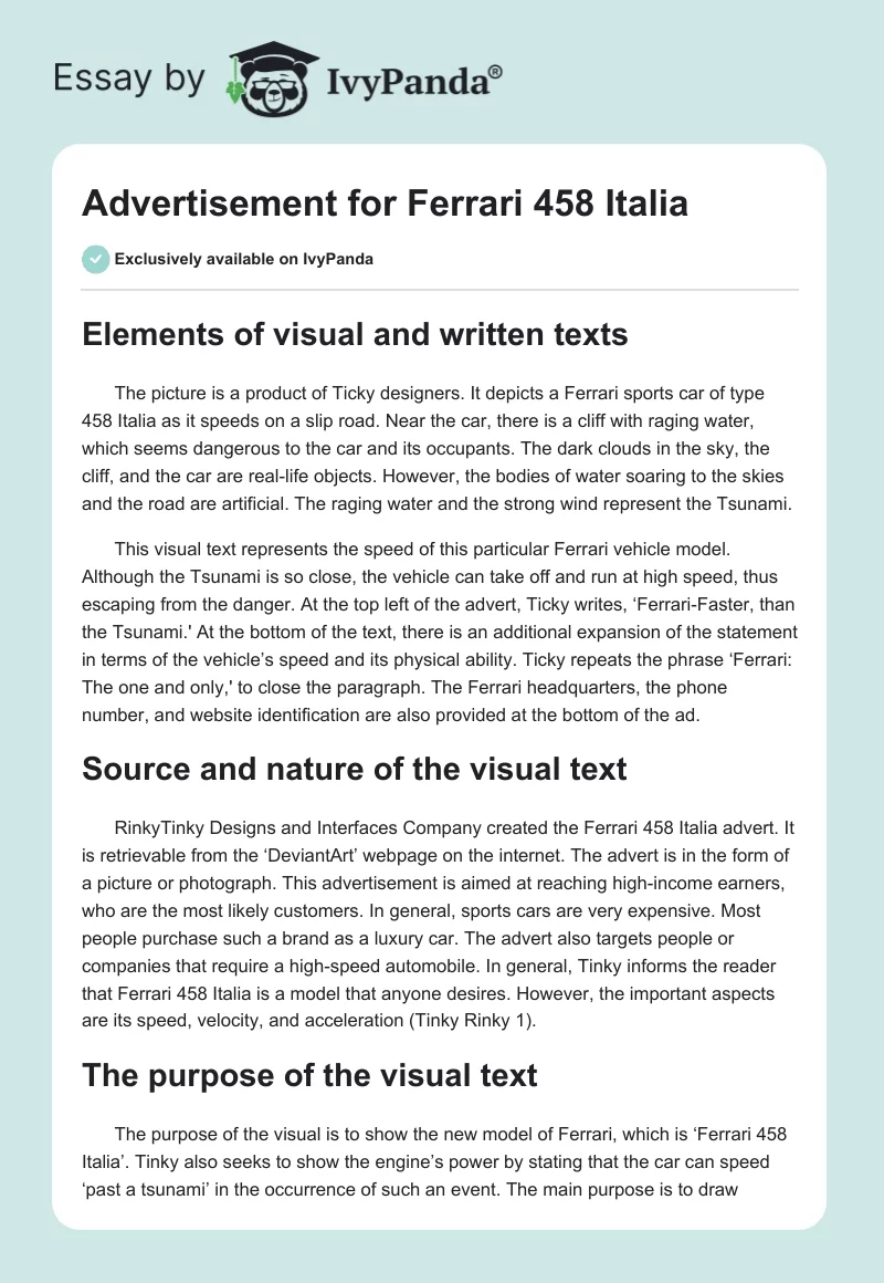 Advertisement for Ferrari 458 Italia. Page 1