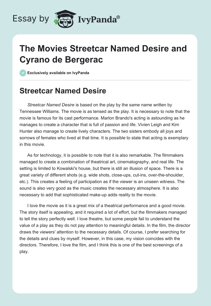 The Movies "A Streetcar Named Desire" and "Cyrano de Bergerac". Page 1