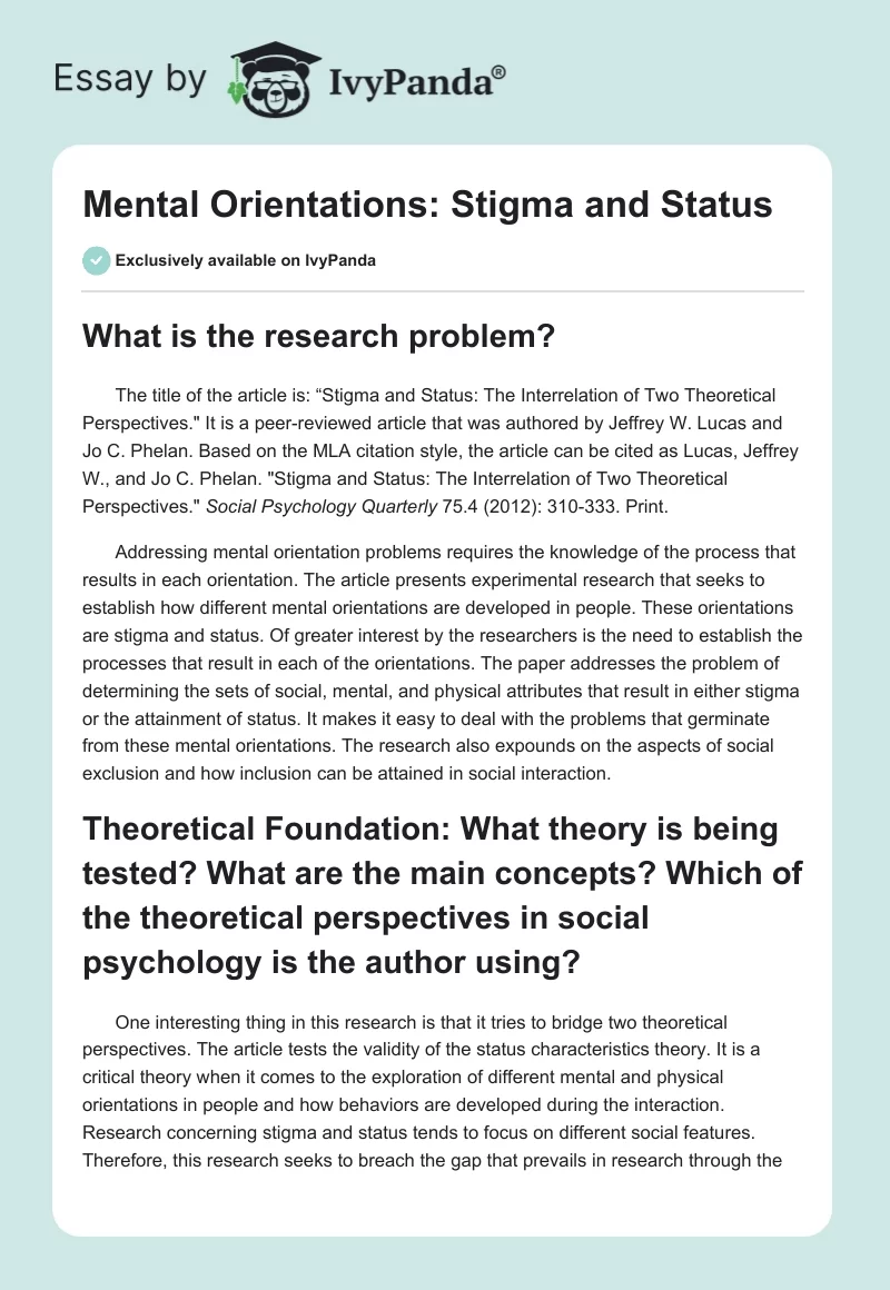 Mental Orientations: Stigma and Status. Page 1