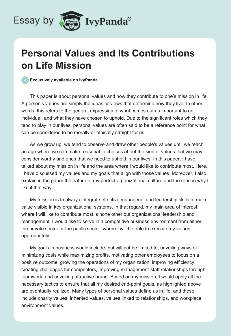Personal Values and Its Contributions on Life Mission. Page 1