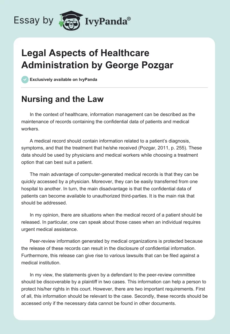 "Legal Aspects of Healthcare Administration" by George Pozgar. Page 1