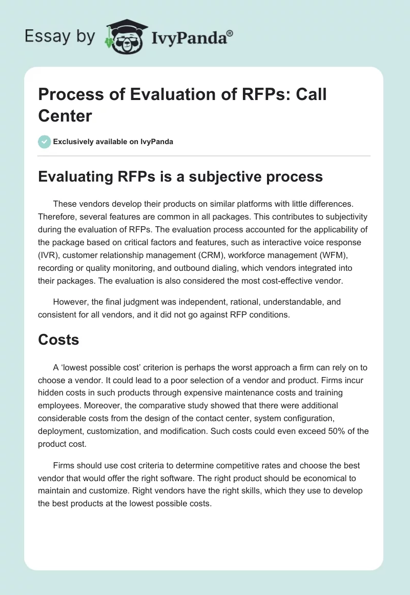 Process of Evaluation of RFPs: Call Center. Page 1