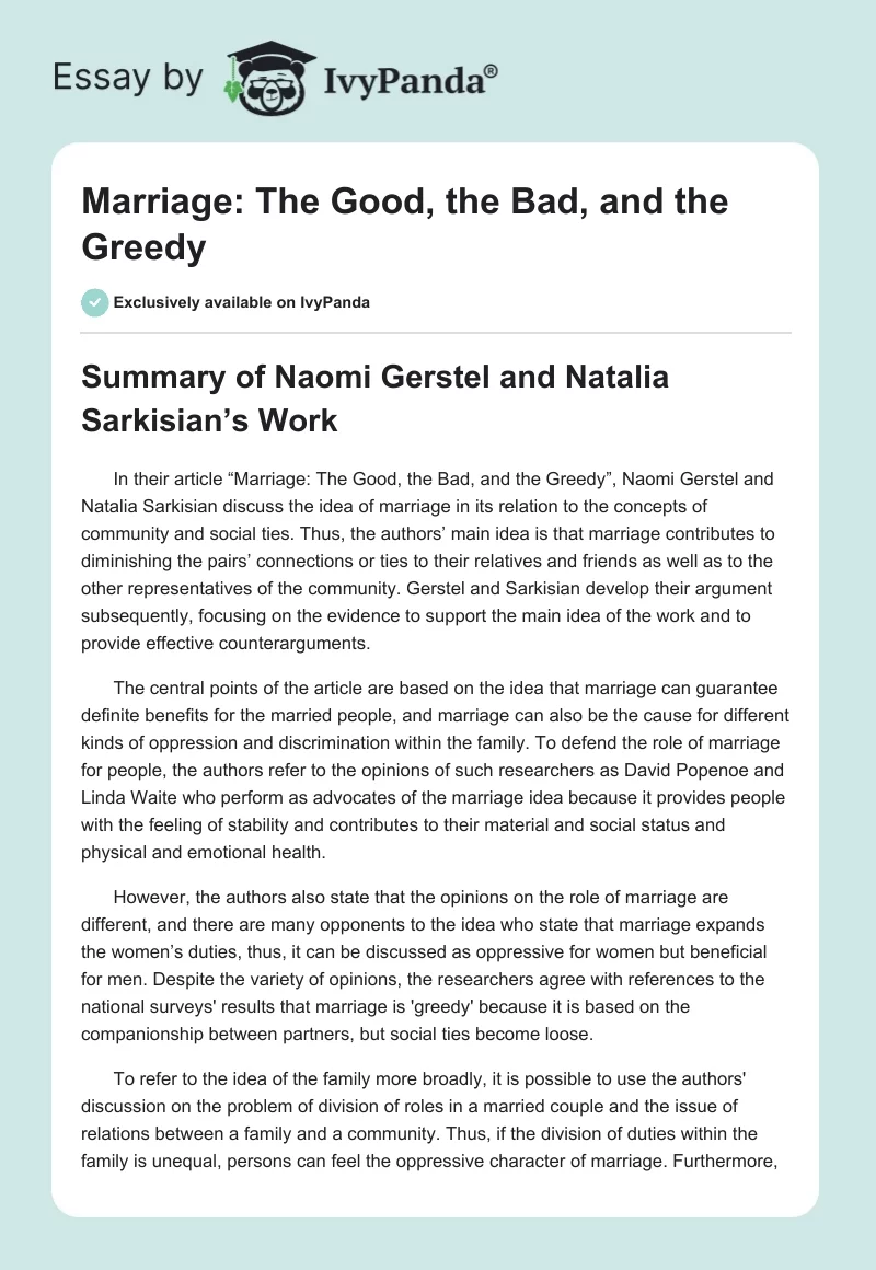 Marriage: The Good, the Bad, and the Greedy. Page 1