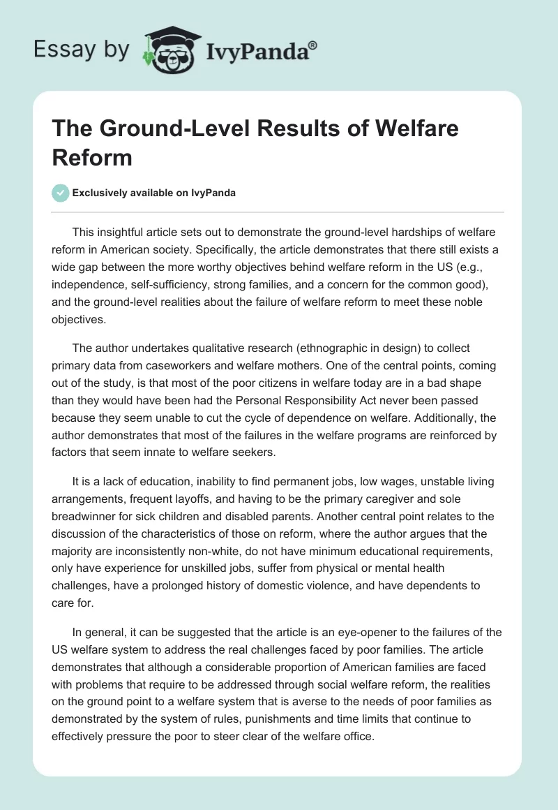 The Ground-Level Results of Welfare Reform. Page 1