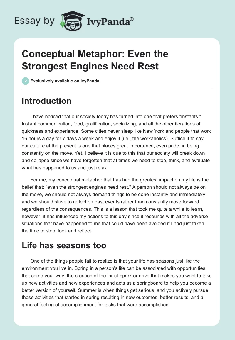 Conceptual Metaphor: Even the Strongest Engines Need Rest. Page 1