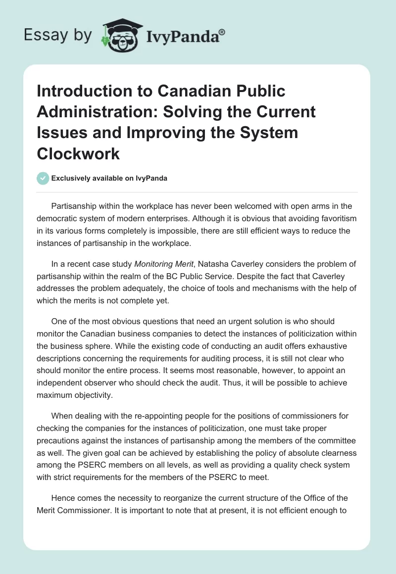 Introduction to Canadian Public Administration: Solving the Current Issues and Improving the System Clockwork. Page 1