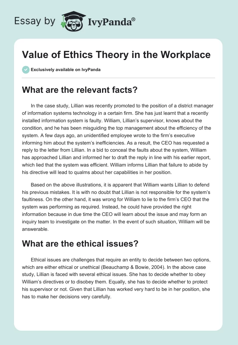 Value of Ethics Theory in the Workplace. Page 1