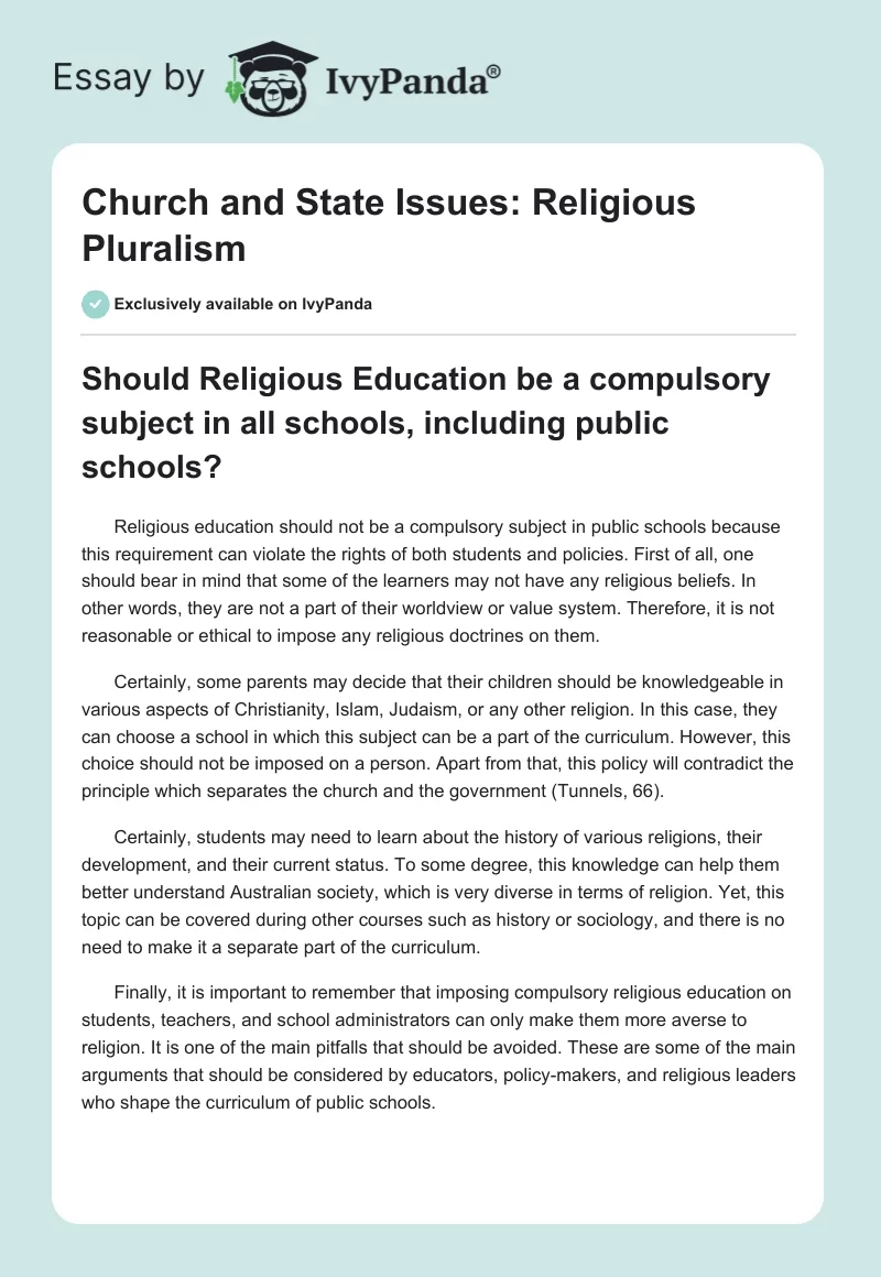 Church and State Issues: Religious Pluralism. Page 1