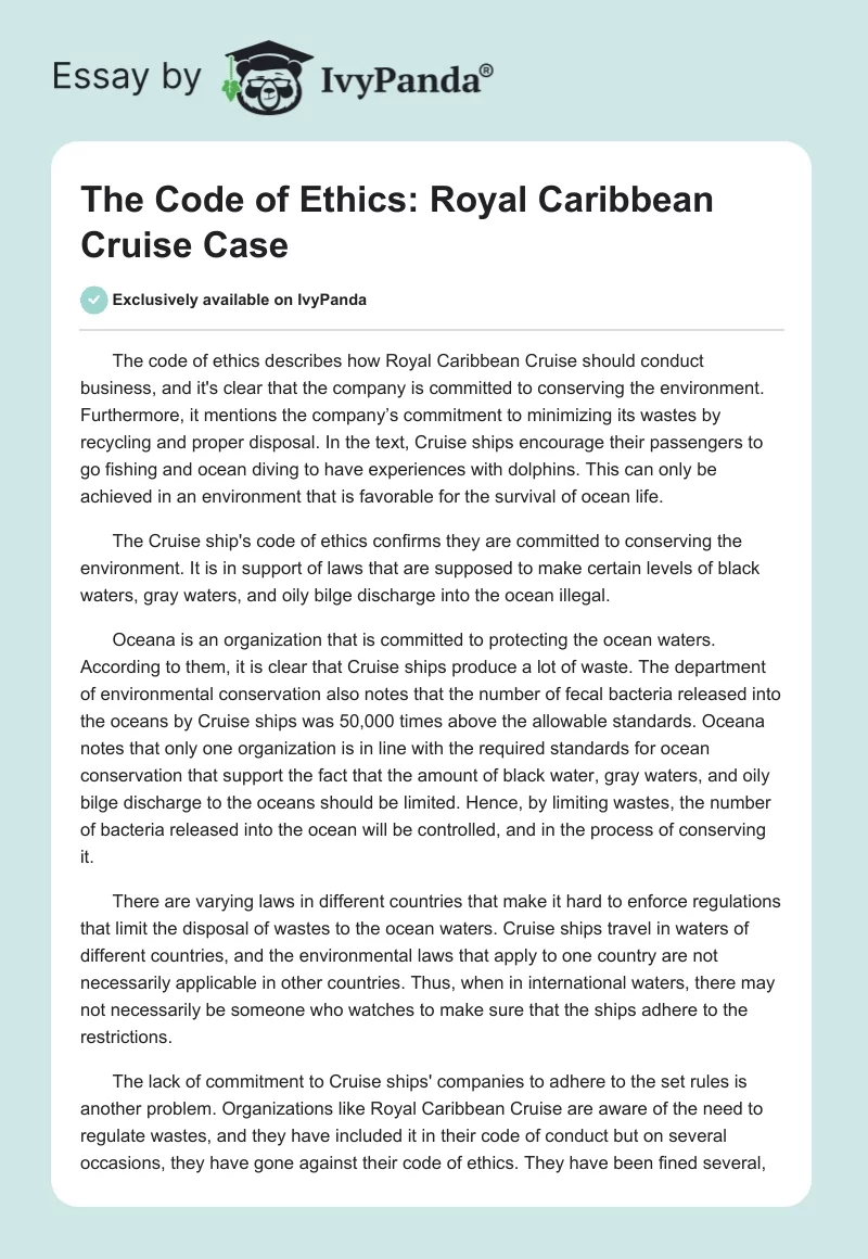 The Code of Ethics: Royal Caribbean Cruise Case. Page 1