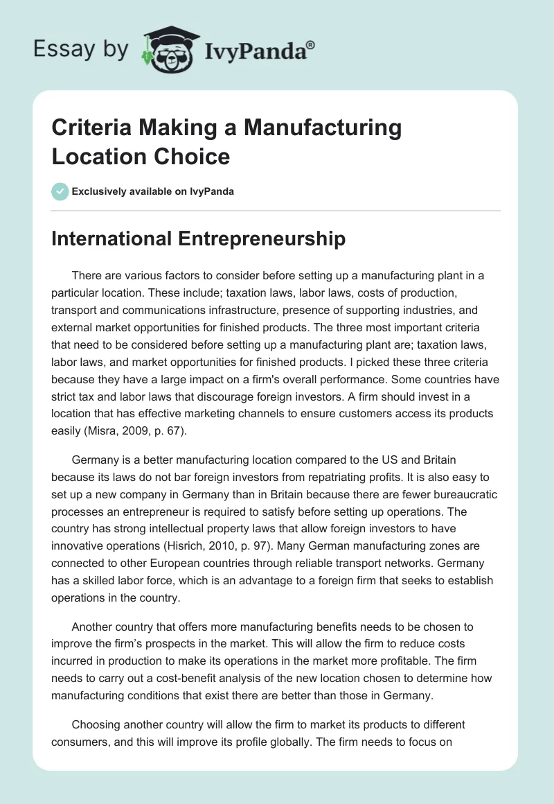 Criteria Making a Manufacturing Location Choice. Page 1