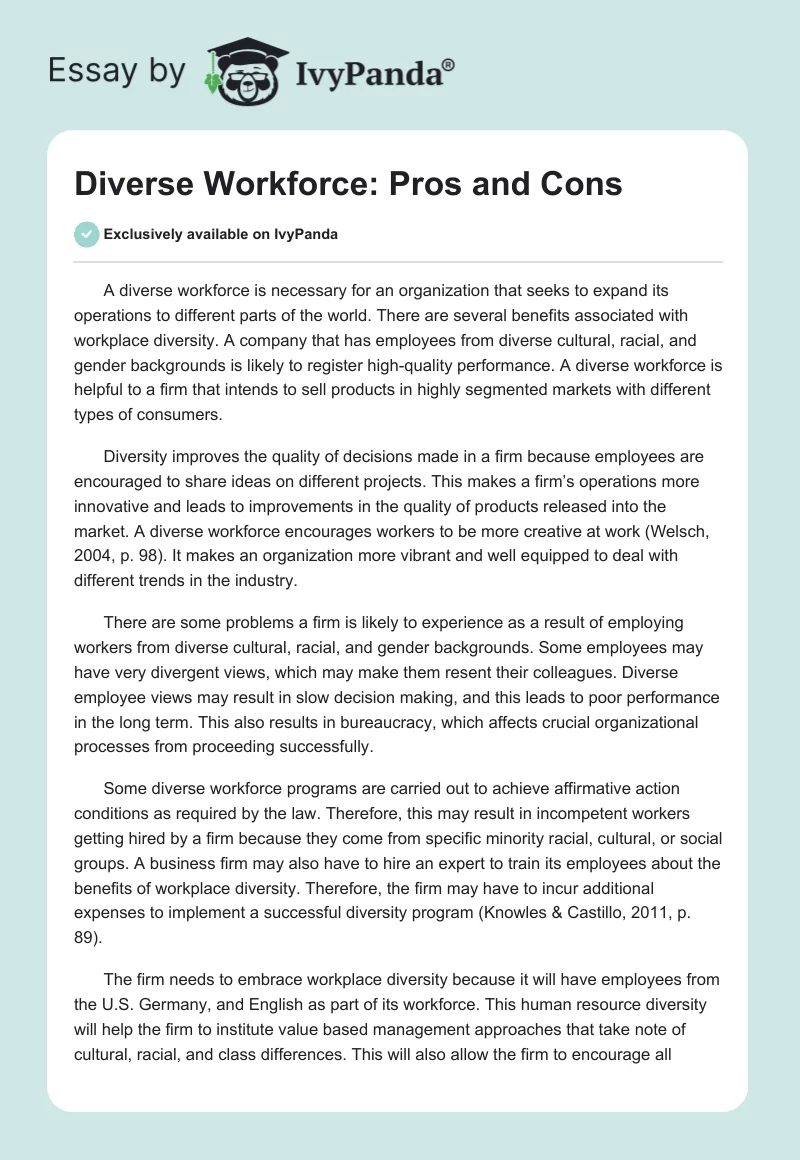Diverse Workforce: Pros and Cons. Page 1