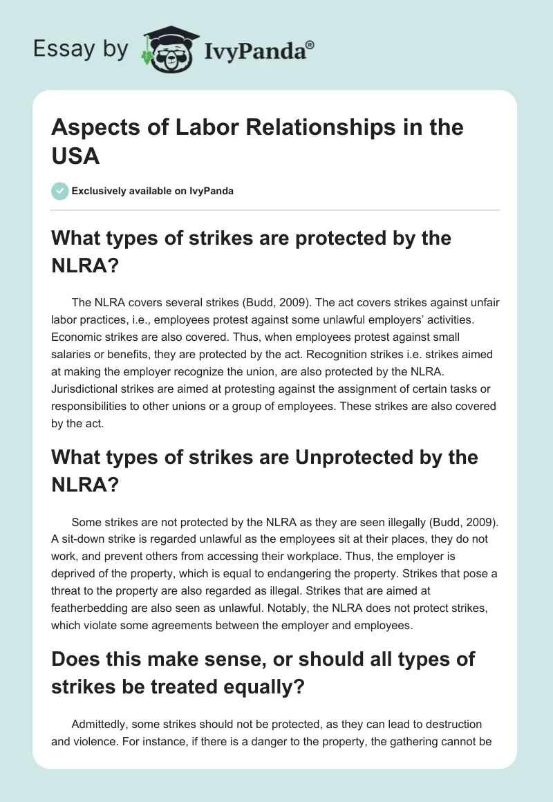 Aspects of Labor Relationships in the USA. Page 1