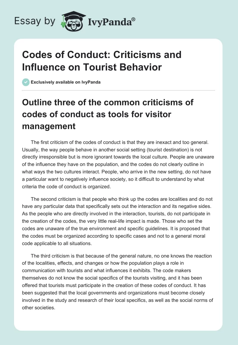 Codes of Conduct: Criticisms and Influence on Tourist Behavior. Page 1