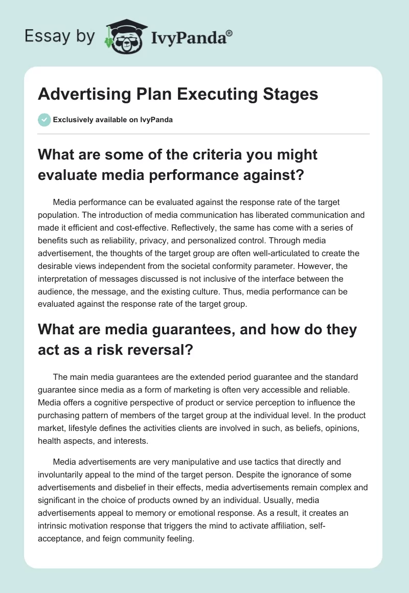 Advertising Plan Executing Stages. Page 1