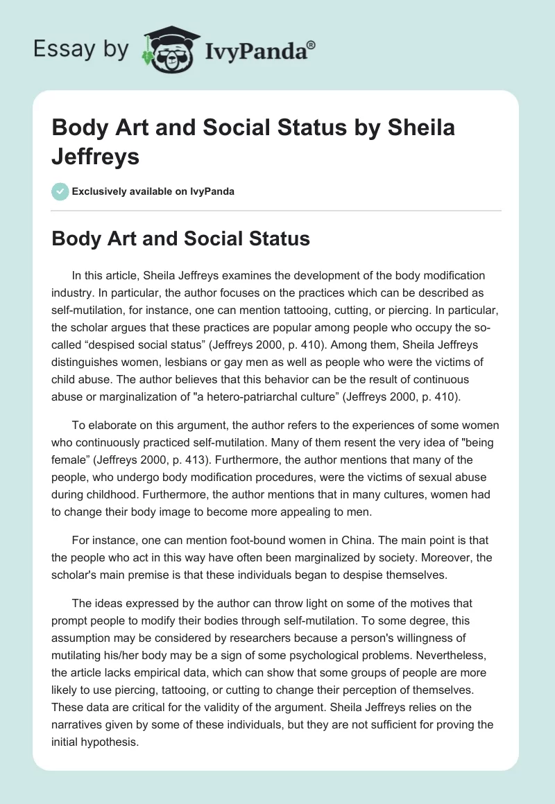 "Body Art and Social Status" by Sheila Jeffreys. Page 1