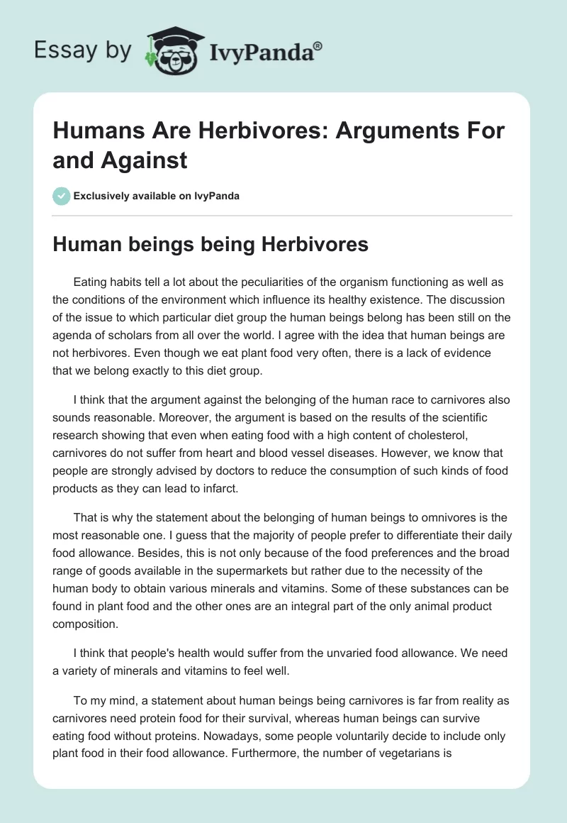 Humans Are Herbivores: Arguments For and Against. Page 1