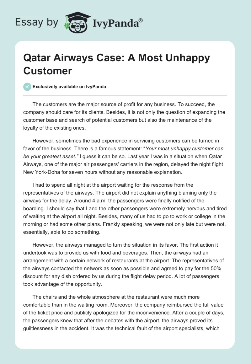 Qatar Airways Case: A Most Unhappy Customer. Page 1
