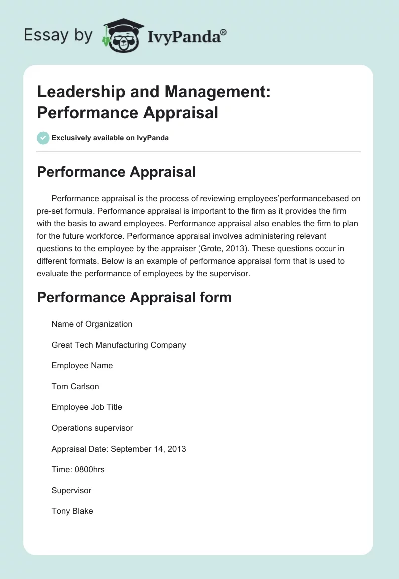 Leadership and Management: Performance Appraisal. Page 1