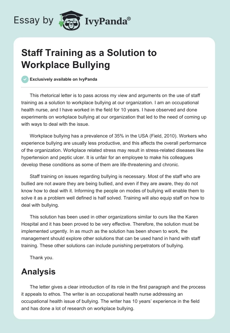 Staff Training as a Solution to Workplace Bullying. Page 1