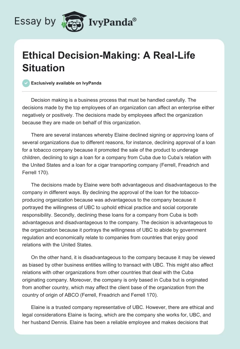 Ethical Decision-Making: A Real-Life Situation. Page 1