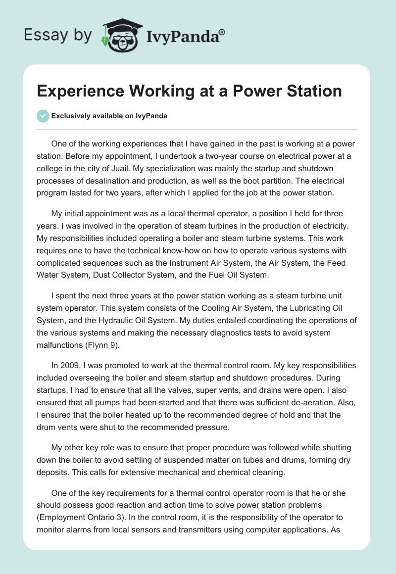 Experience Working at a Power Station. Page 1