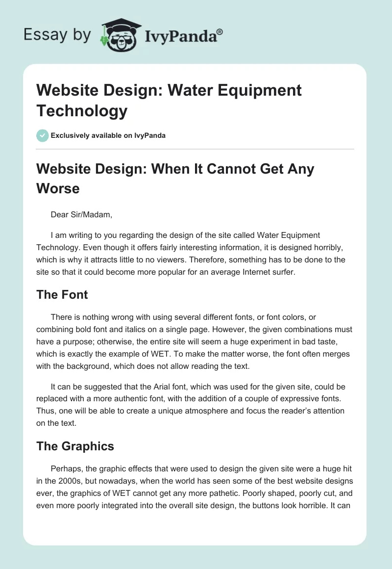 Website Design: Water Equipment Technology. Page 1