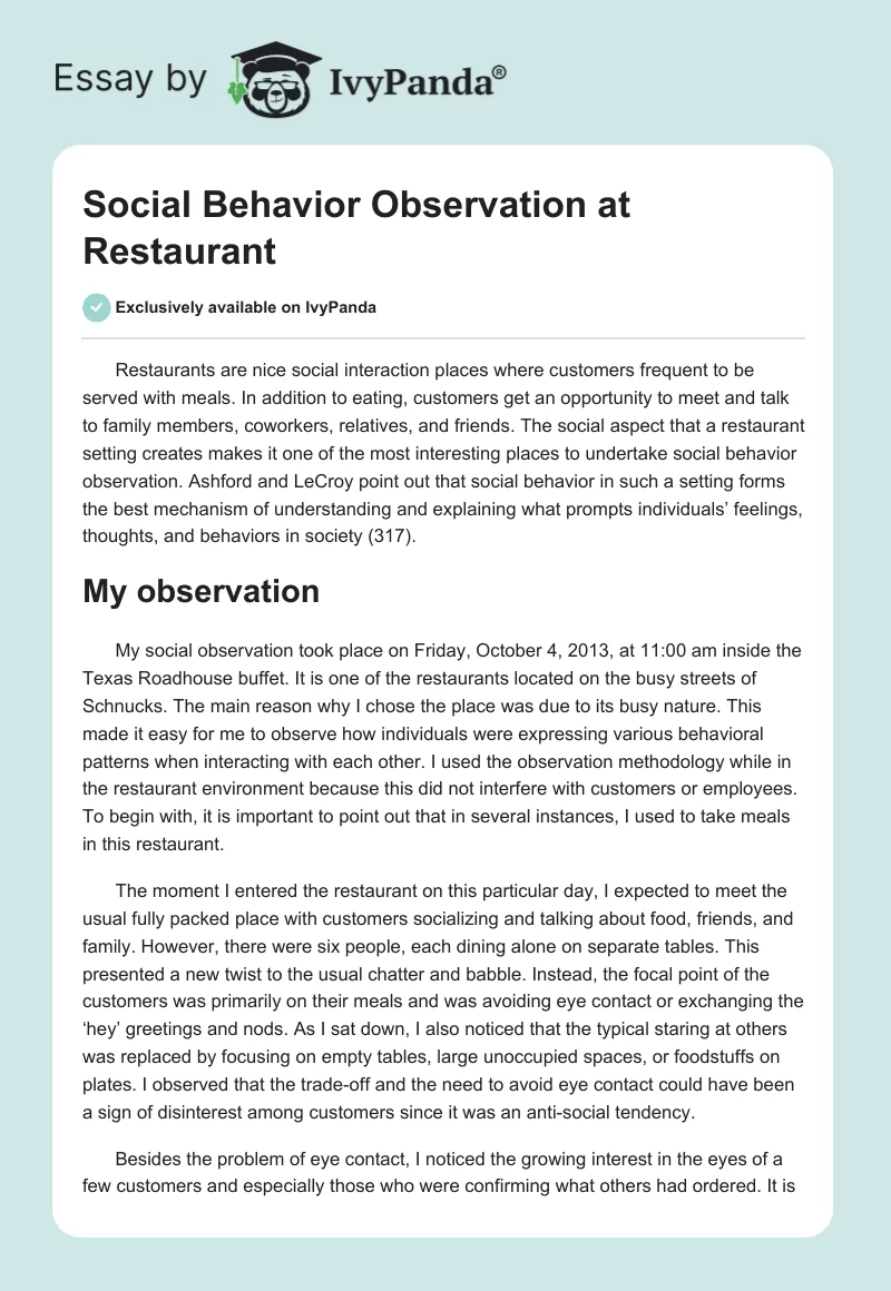 Social Behavior Observation at Restaurant. Page 1