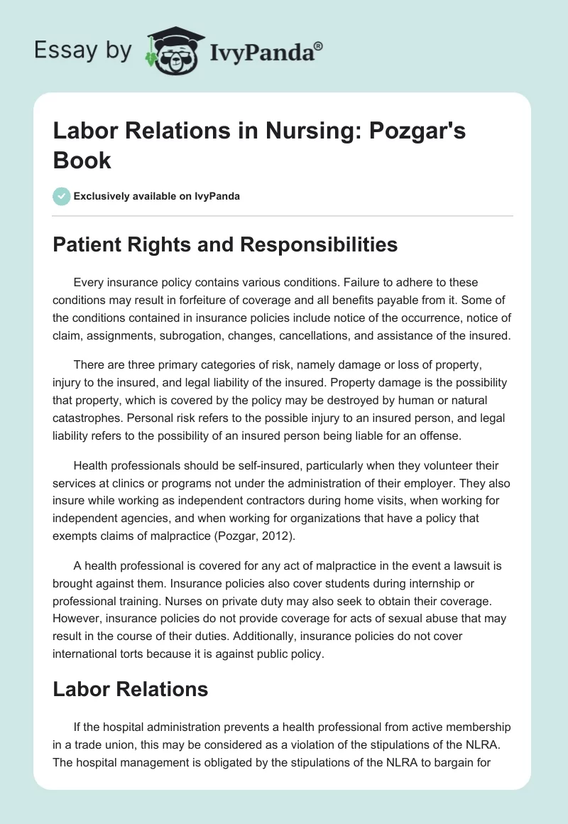Labor Relations in Nursing: Pozgar's Book. Page 1