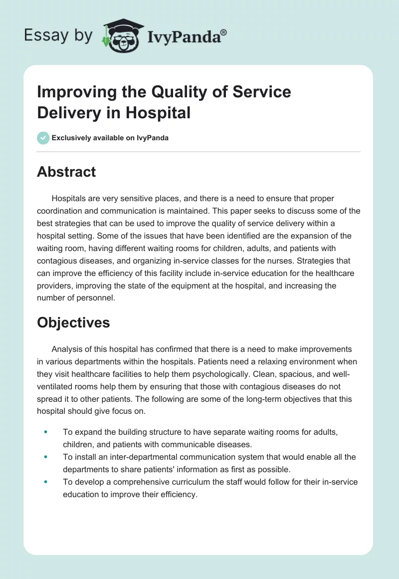 Improving the Quality of Service Delivery in Hospital. Page 1