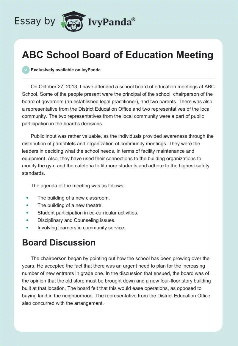 ABC School Board of Education Meeting. Page 1