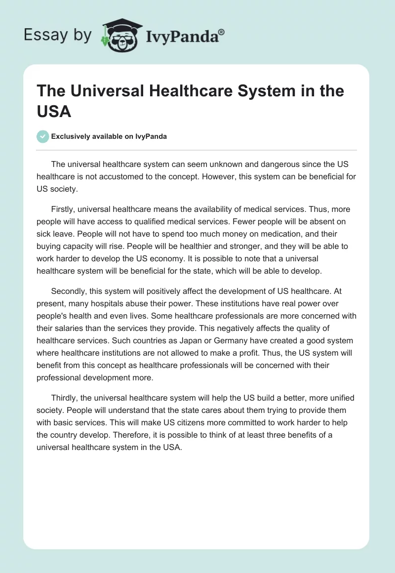 The Universal Healthcare System in the USA. Page 1