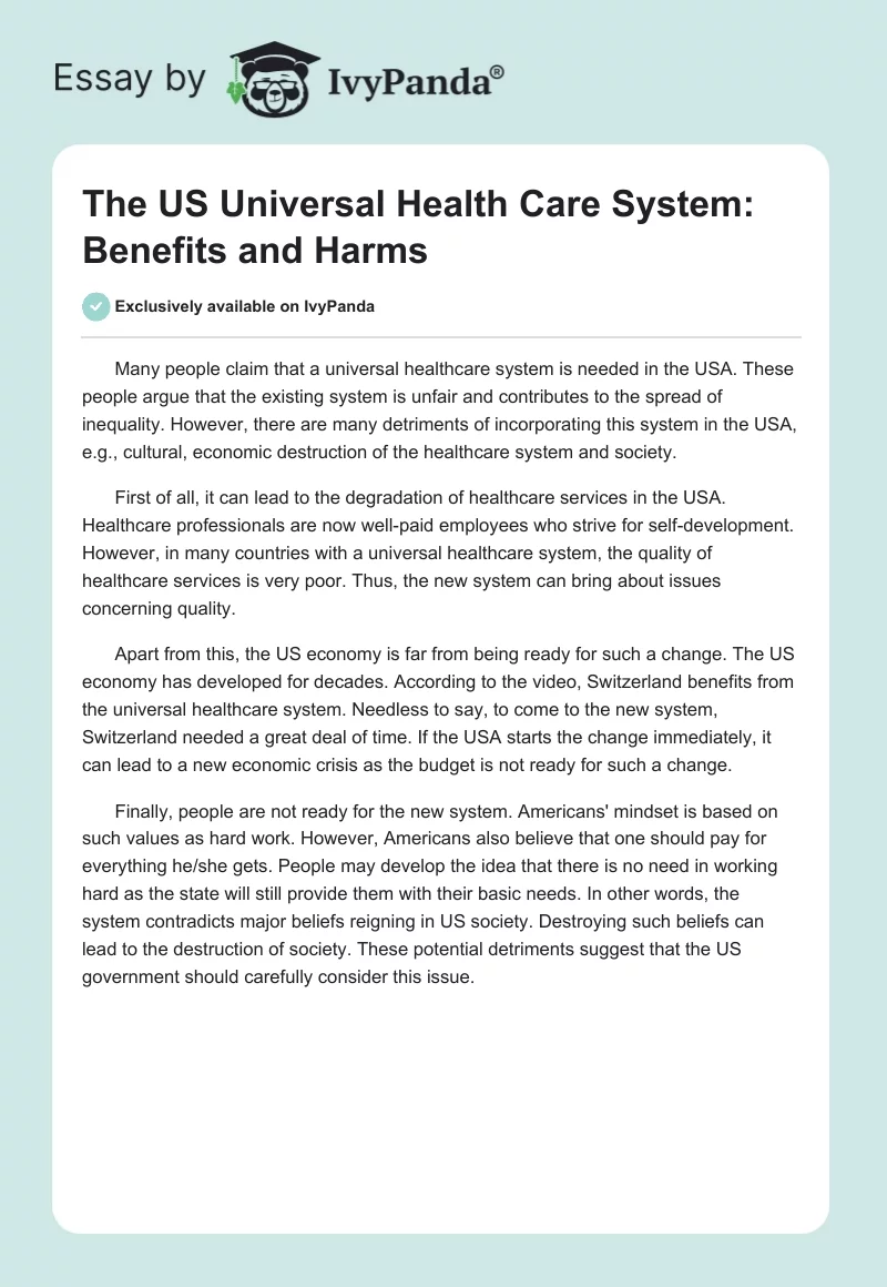 The US Universal Health Care System: Benefits and Harms. Page 1