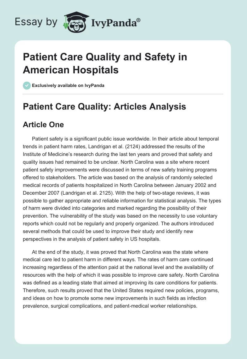 Patient Care Quality and Safety in American Hospitals. Page 1