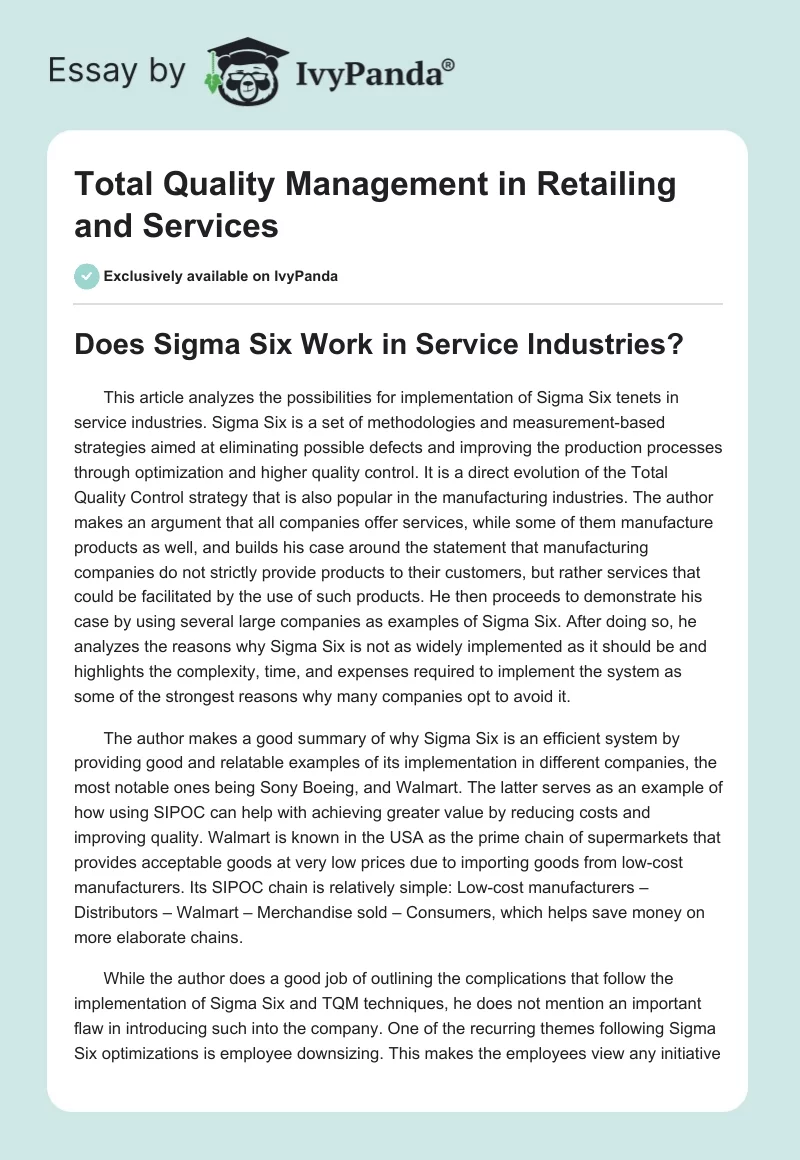 Total Quality Management in Retailing and Services. Page 1
