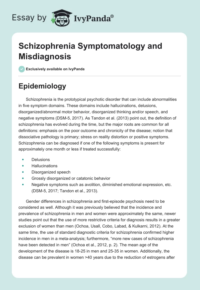 Schizophrenia Symptomatology and Misdiagnosis. Page 1