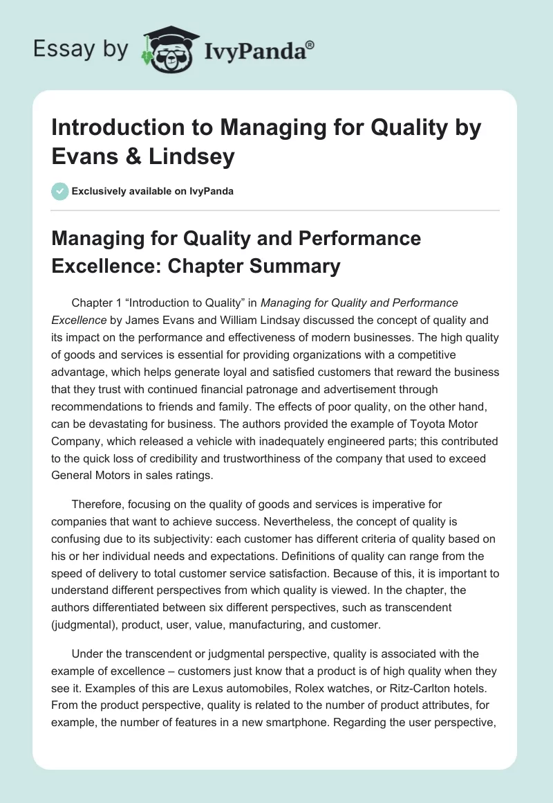Introduction to "Managing for Quality" by Evans & Lindsey. Page 1