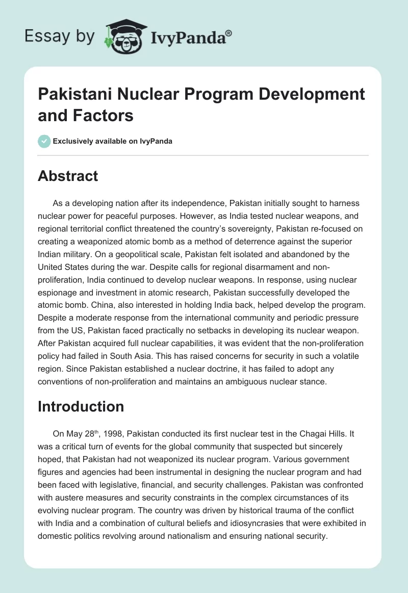 Pakistani Nuclear Program Development and Factors. Page 1