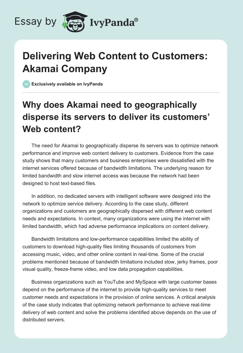 Delivering Web Content to Customers: Akamai Company. Page 1