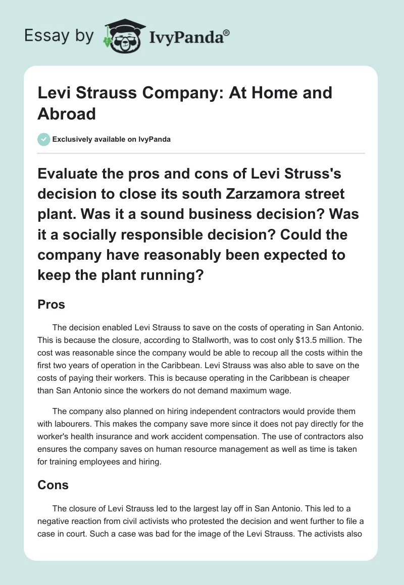 Levi Strauss Company: At Home and Abroad. Page 1