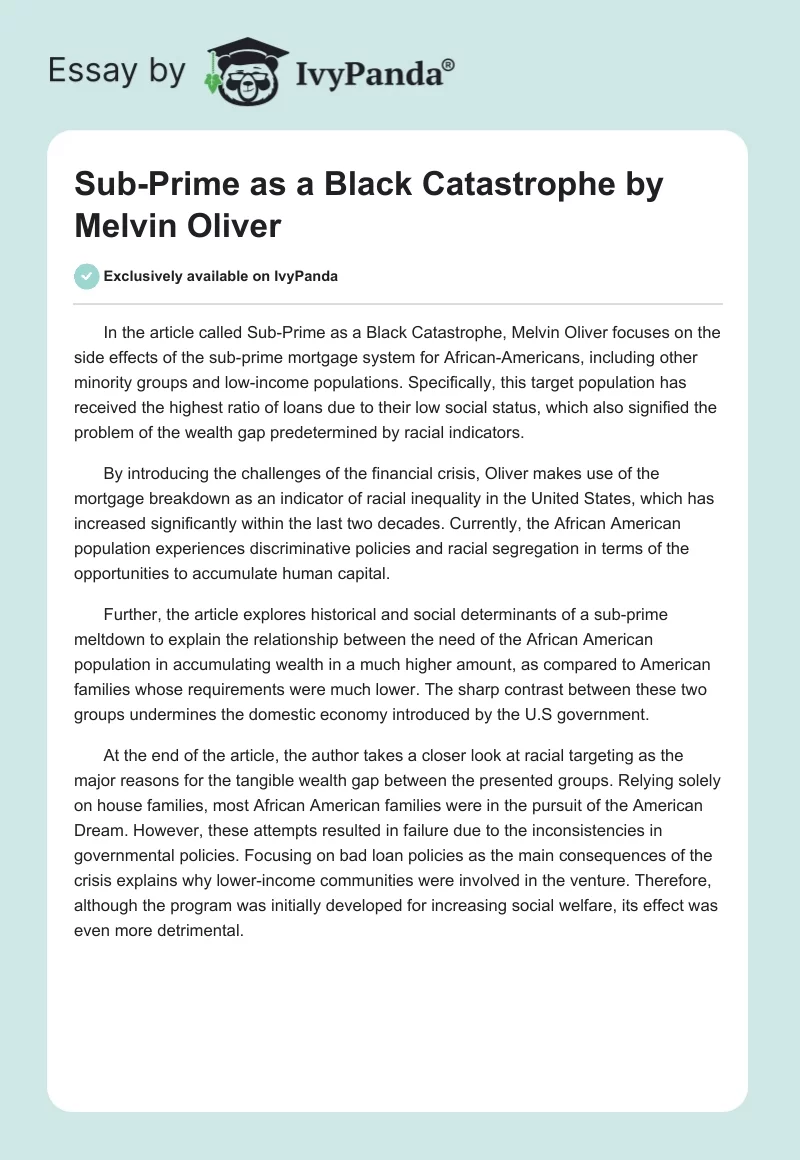 "Sub-Prime as a Black Catastrophe" by Melvin Oliver. Page 1