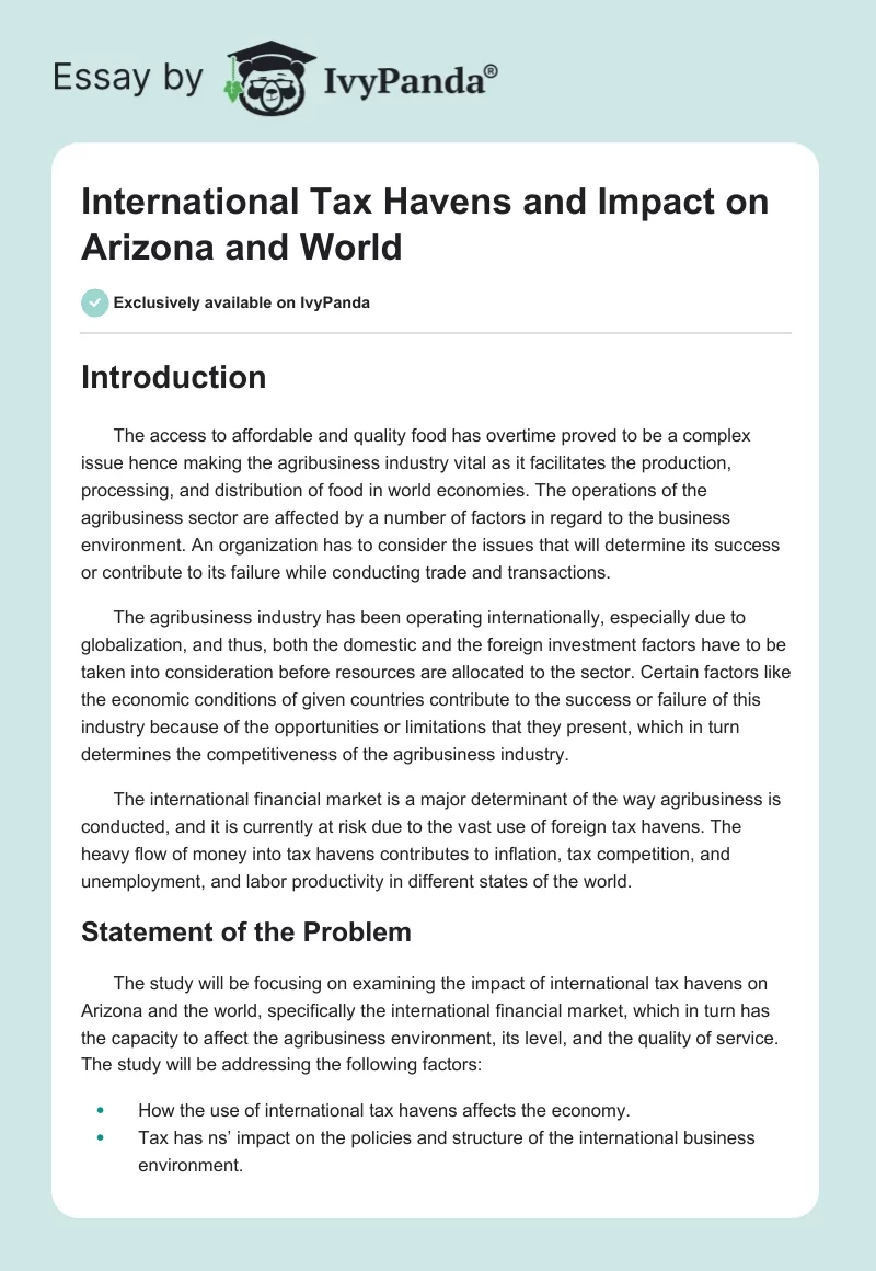 International Tax Havens and Impact on Arizona and World. Page 1